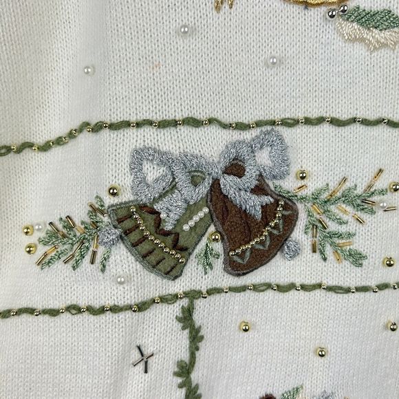B P Design Cotton Ramie Neutral Embroidered Christmas Sweater Size Large - Picture 10 of 14